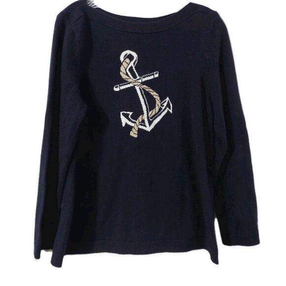 Charter Club Sweater Anchor Navy Size Large Nautical Blue White Gold Boatneck - Picture 1 of 6